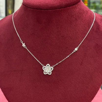 92.5 Silver Pave CZ Open Lotus Flower Pendant Necklace for Women