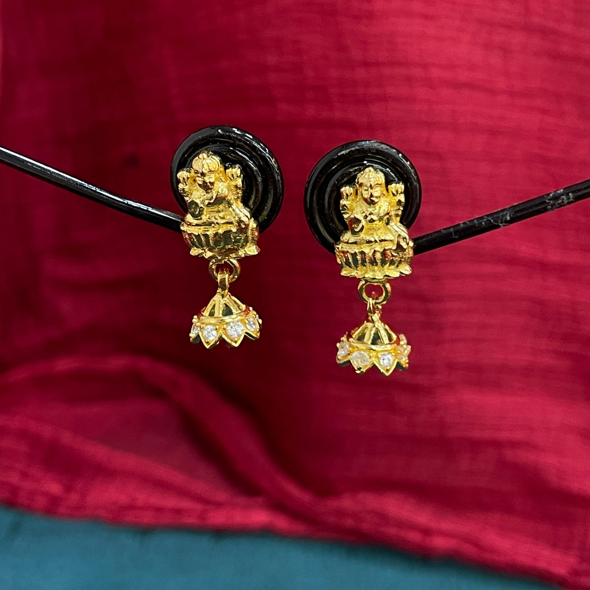 92.5 Sterling Silver Gold Plated Goddess Lakshmi Lotus Temple Jhumka Earrings for Women