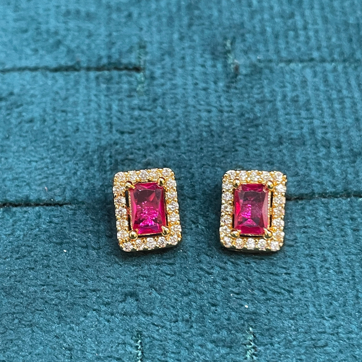 92.5 Silver Gold Plated Earrings for Women | Stylish Pink Stone Rectangle Studs pair