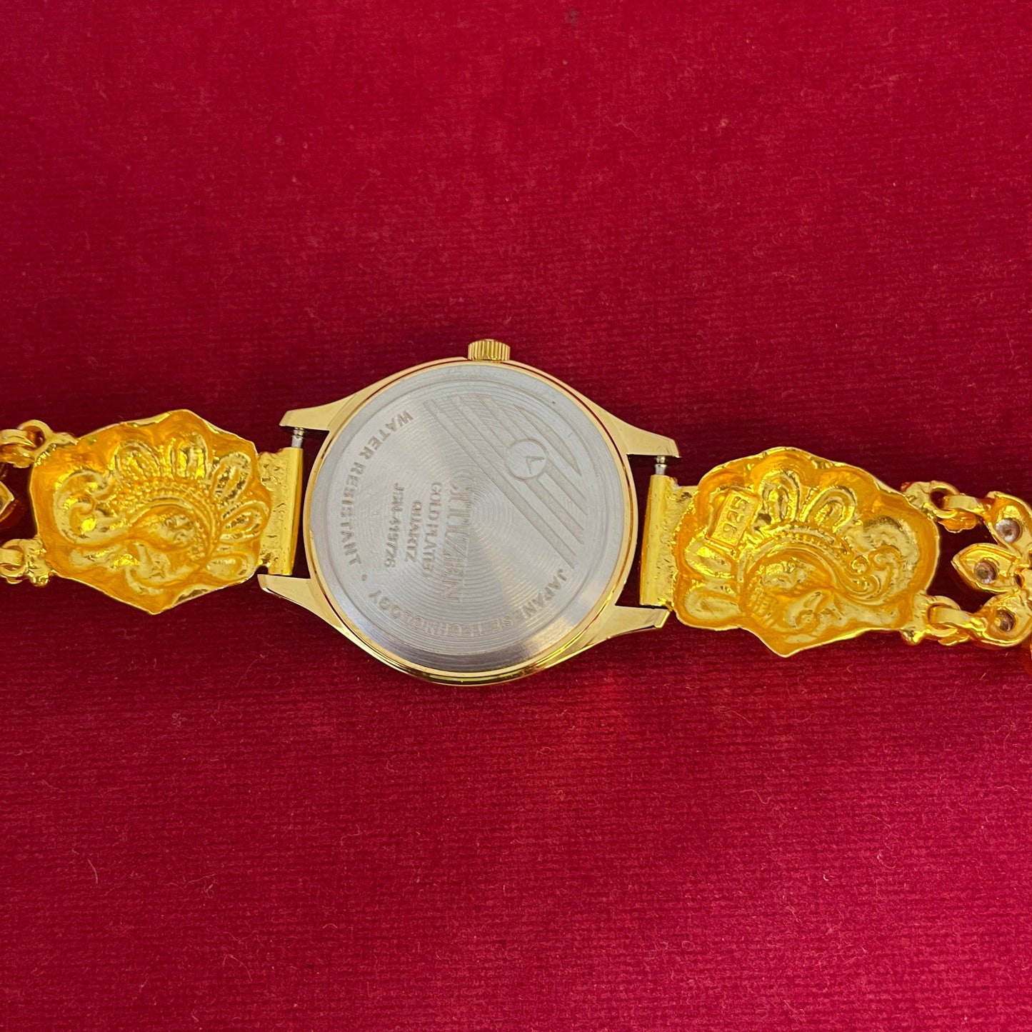 92.5 silver Gold-Plated Temple Jewellery Bracelet Watch for Women | Citizen Quartz | Peacock & Ruby CZ Floral Strap