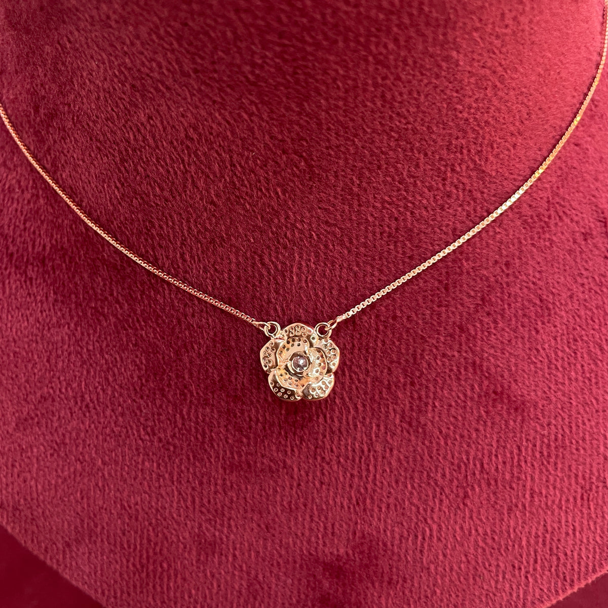 92.5 Silver Rose Gold Plated Pave CZ Rose Flower Pendant Necklace for Women