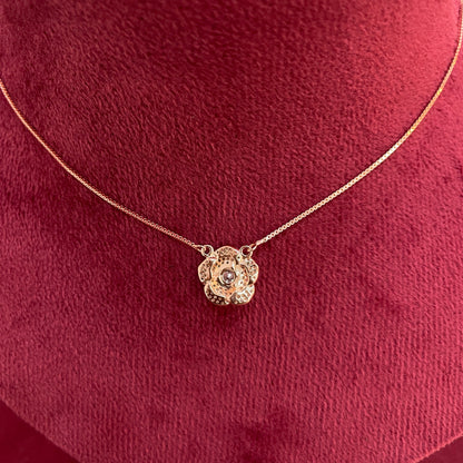 92.5 Silver Rose Gold Plated Pave CZ Rose Flower Pendant Necklace for Women