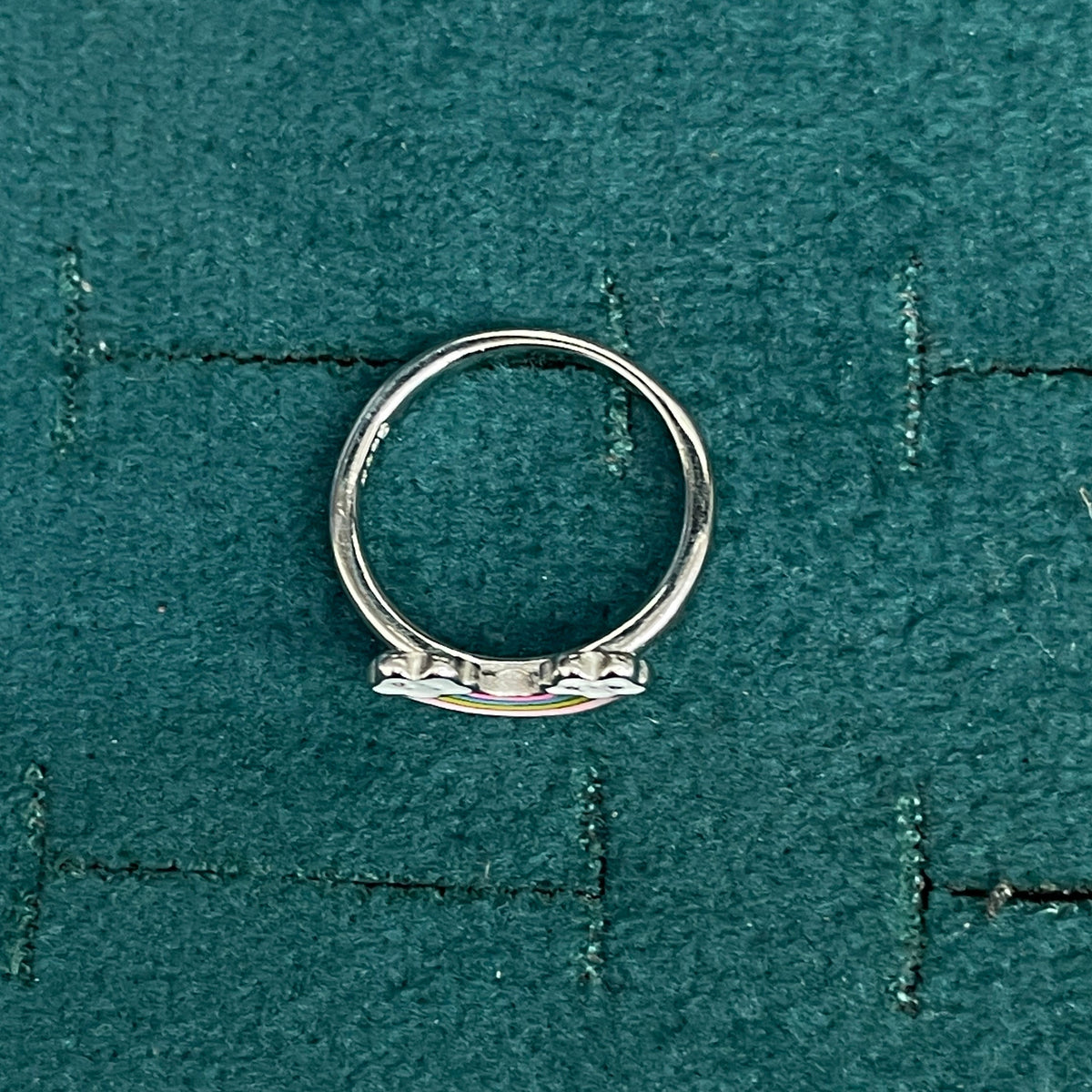 92.5 Sterling Silver Multicolour Enamel Rainbow & Clouds Charm Kids Finger Ring — Size 3