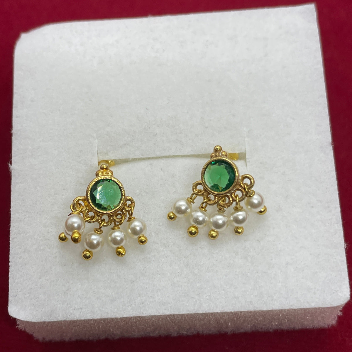 Gold Plated 92.5 Sterling Silver Emerald Green CZ & Pearl Cluster Stud Earrings for Women | Temple-Inspired Emerald Pearl Fan Drop Studs pair