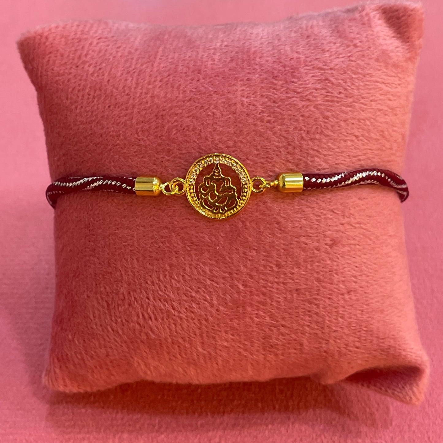 925 Silver Ganesha Rakhi for Brother | Gold Plated CZ Halo Circular Charm on Maroon Thread