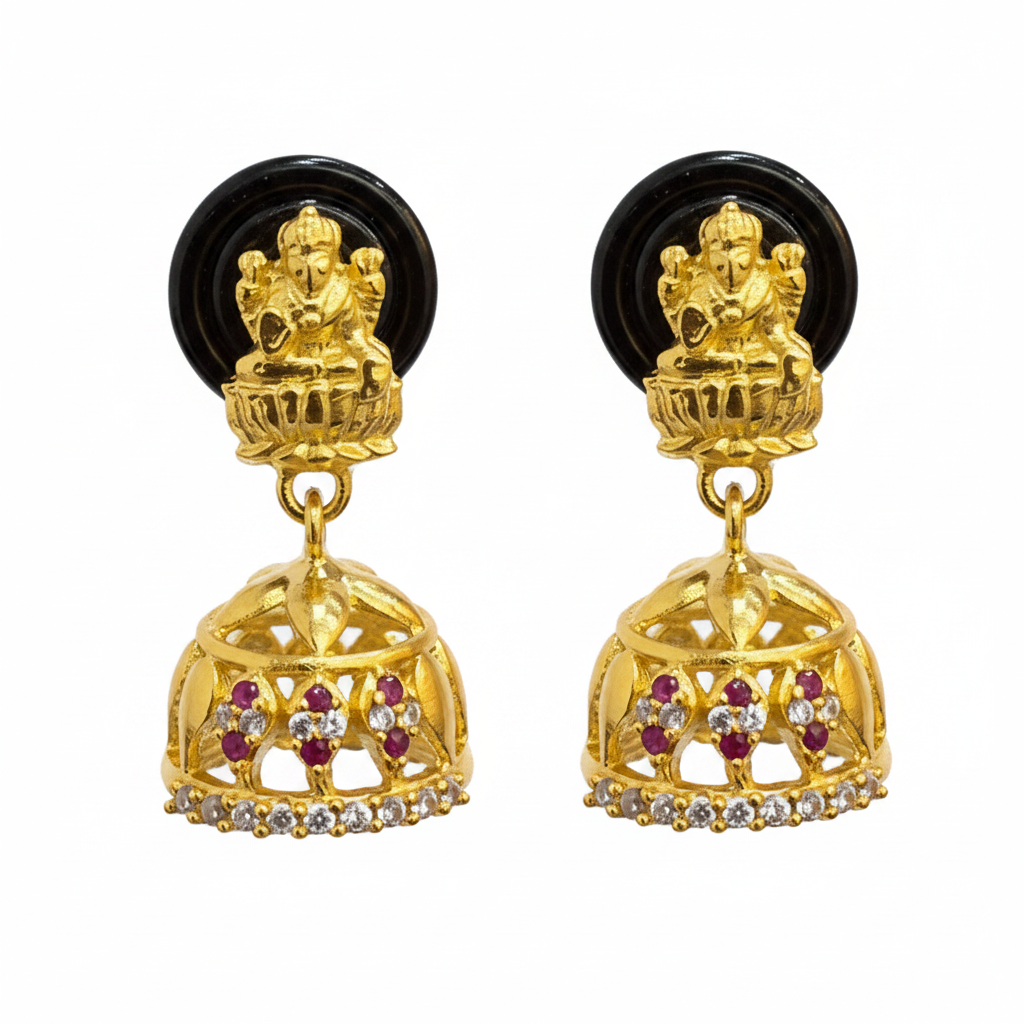92.5 Sterling Silver Gold Plated Lakshmi Devi Ruby & White CZ Jhumka Earrings for Women