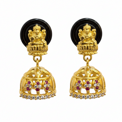 92.5 Sterling Silver Gold Plated Lakshmi Devi Ruby & White CZ Jhumka Earrings for Women