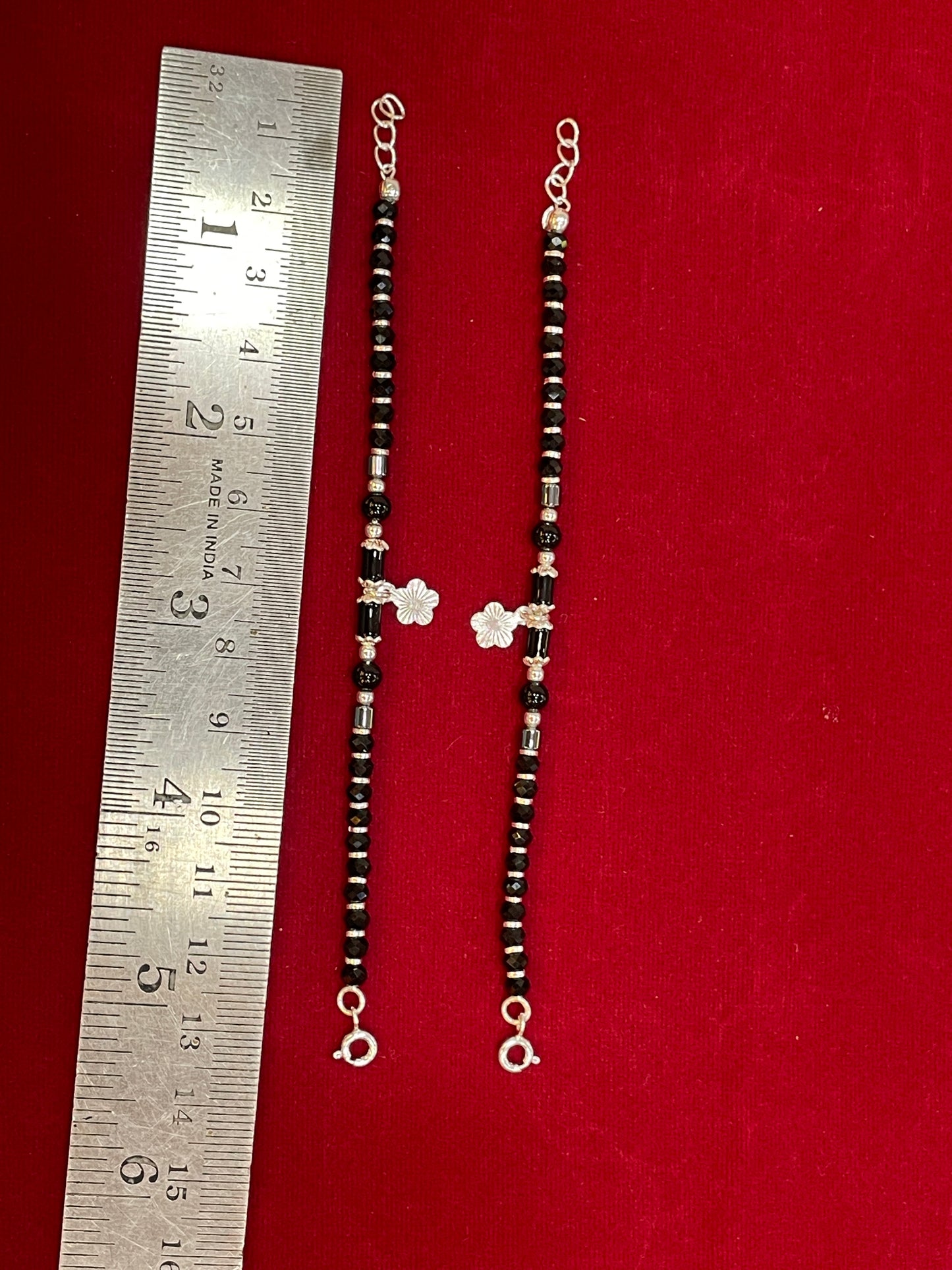 Silver Nazariya Black Bead Anklet for Kids | Set of 2 with Flower Charm