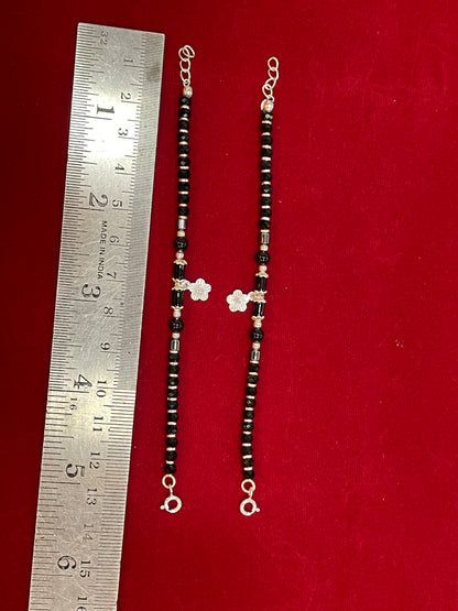 Silver Nazariya Black Bead Anklet for Kids | Set of 2 with Flower Charm