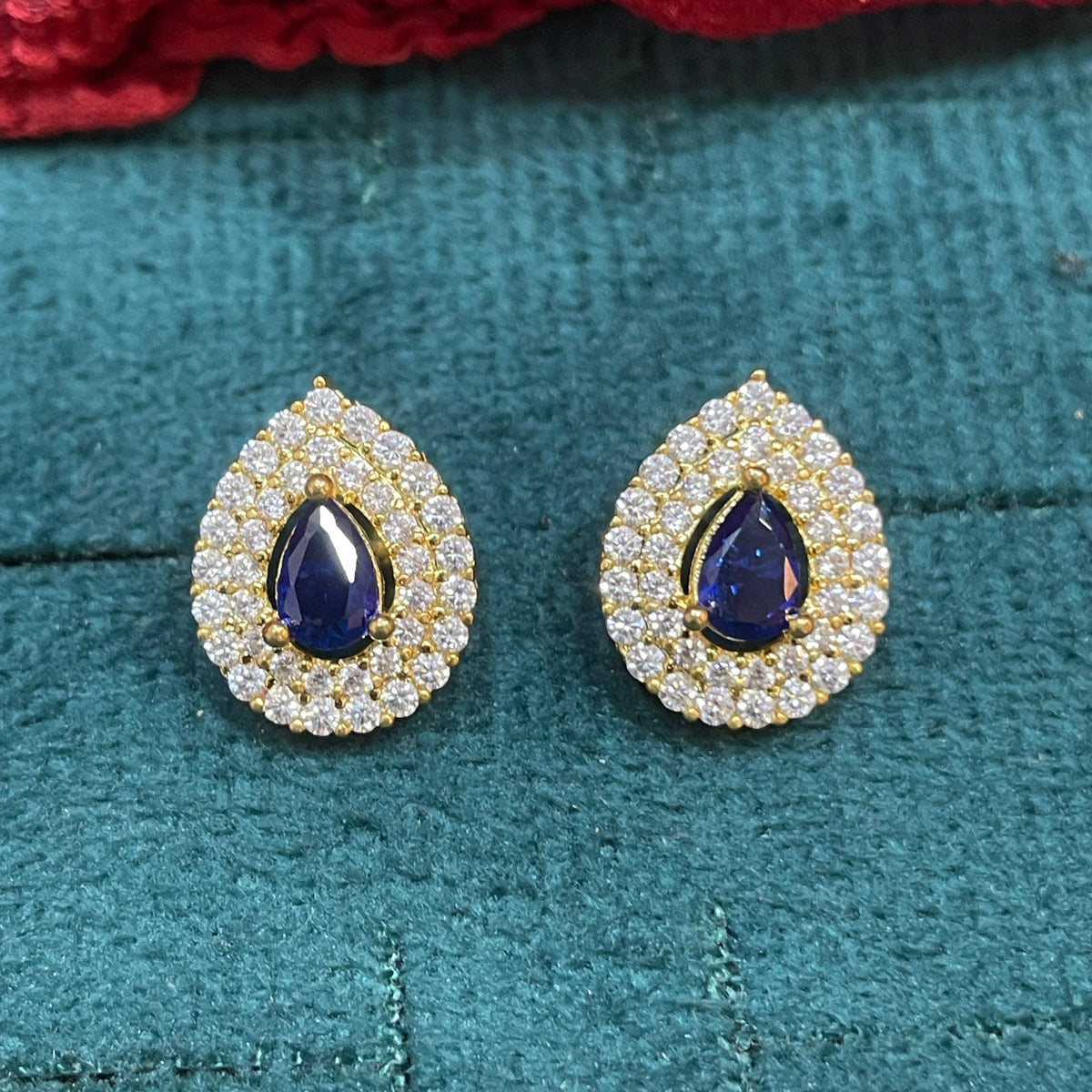 92.5 Sterling Silver Gold Plated Pear Cut Blue Sapphire CZ & Double Pave White CZ Halo Stud Earrings for Women