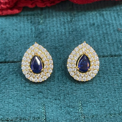92.5 Sterling Silver Gold Plated Pear Cut Blue Sapphire CZ & Double Pave White CZ Halo Stud Earrings for Women