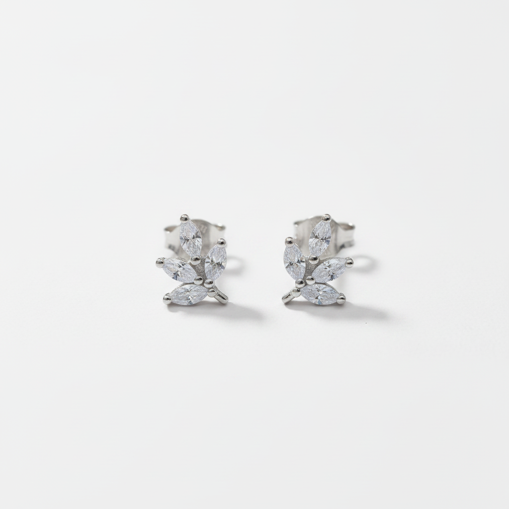 92.5 Sterling Silver Marquise CZ Leaf Cluster Studs