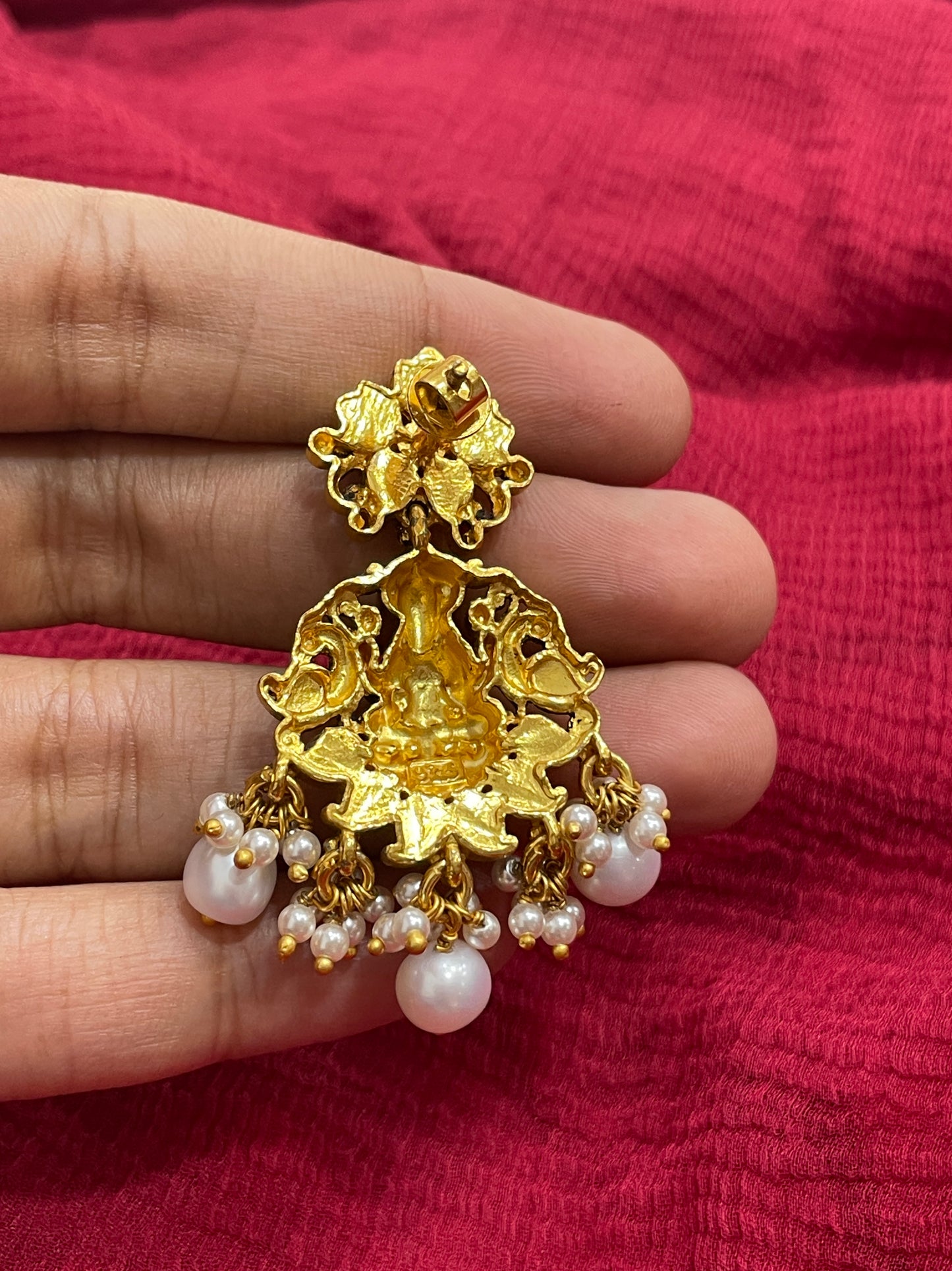 92.5 Silver Gold Plated Red Stone Lakshmi Devi Earrings for Women | Temple Design | Traditional Jewellery