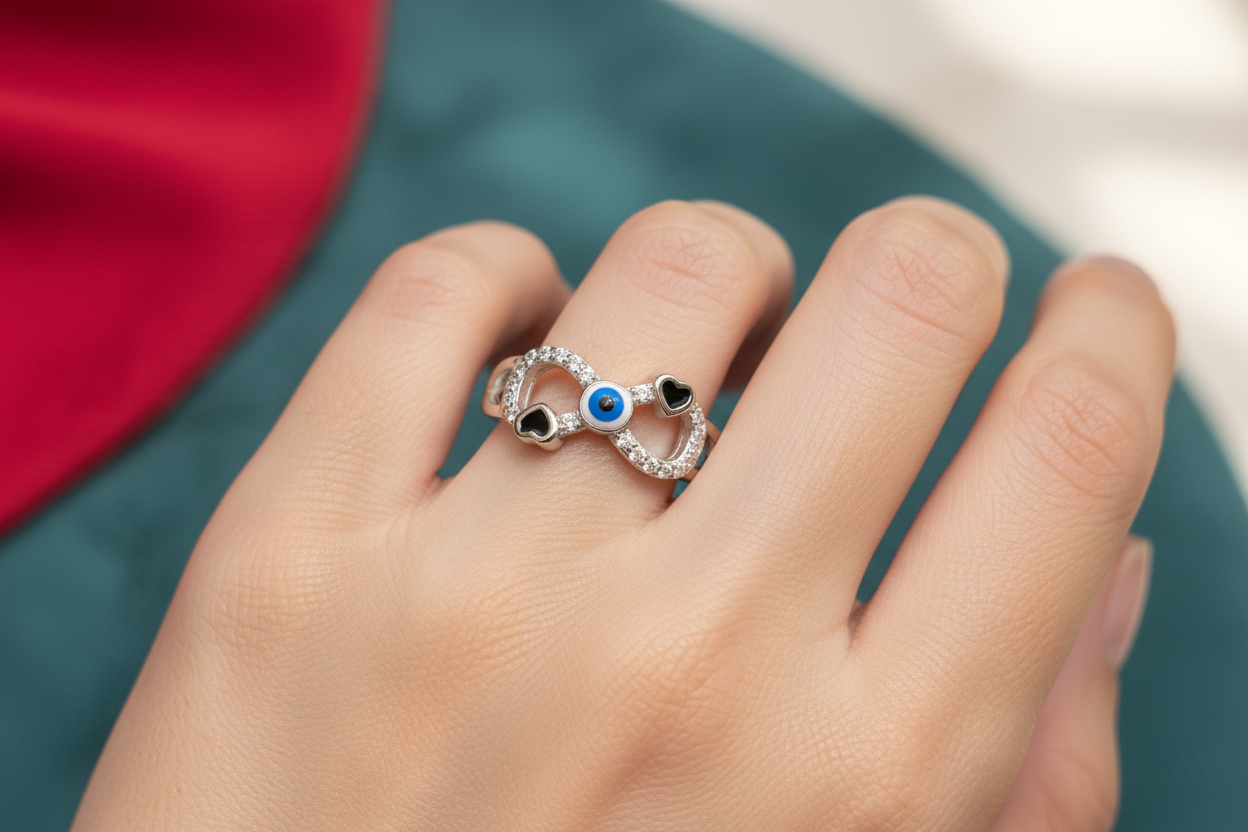92.5 Silver Evil Eye Ring for Women | Stylish Protection Motif | Elegant Fashion Jewellery