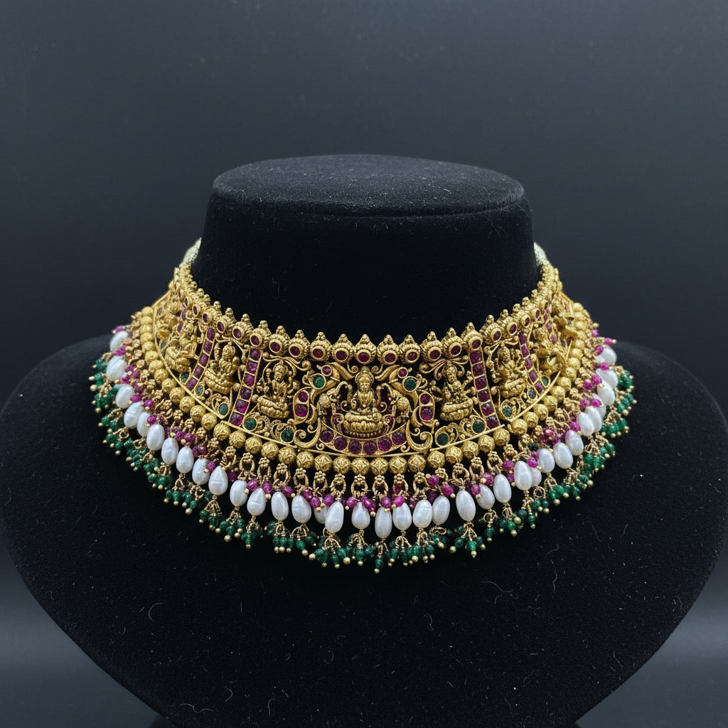 Decorative gold necklace with gemstones on a pink cushion