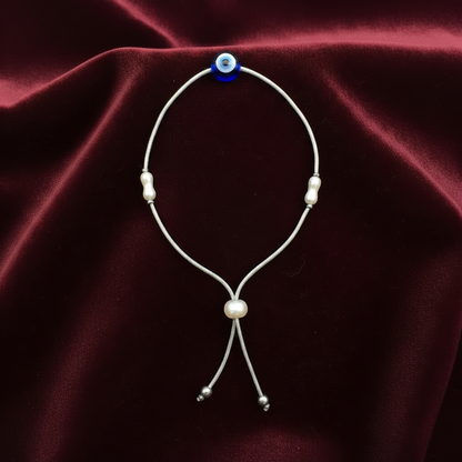 92.5 Silver Evil Eye & Pearl Adjustable Bracelet for Women | Freshwater Pearl Design