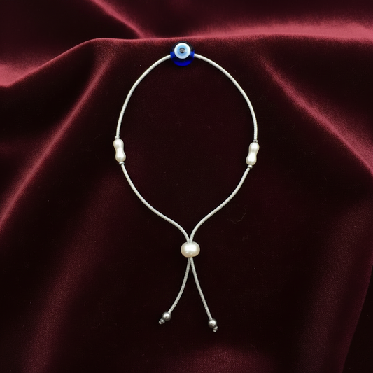 92.5 Silver Evil Eye & Pearl Adjustable Bracelet for Women | Freshwater Pearl Design