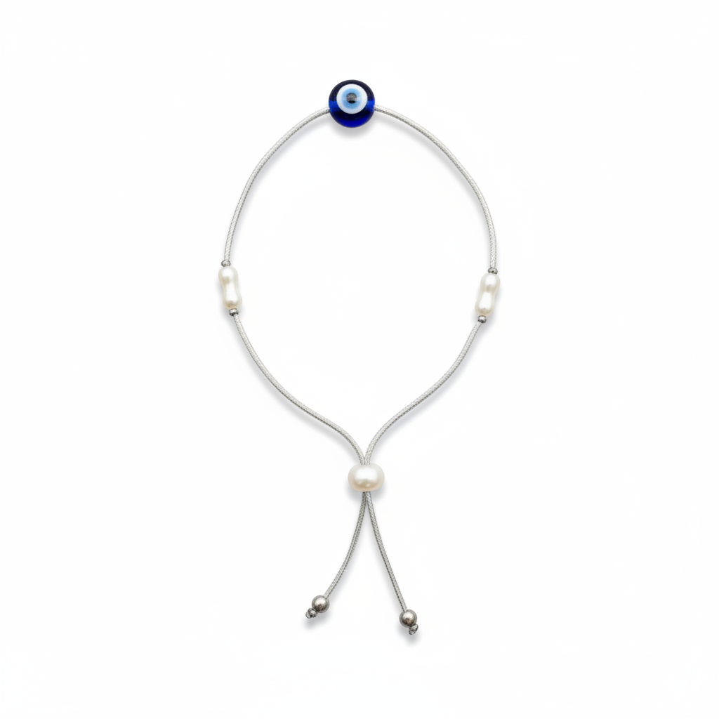 92.5 Silver Evil Eye & Pearl Adjustable Bracelet for Women | Freshwater Pearl Design