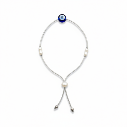 92.5 Silver Evil Eye & Pearl Adjustable Bracelet for Women | Freshwater Pearl Design