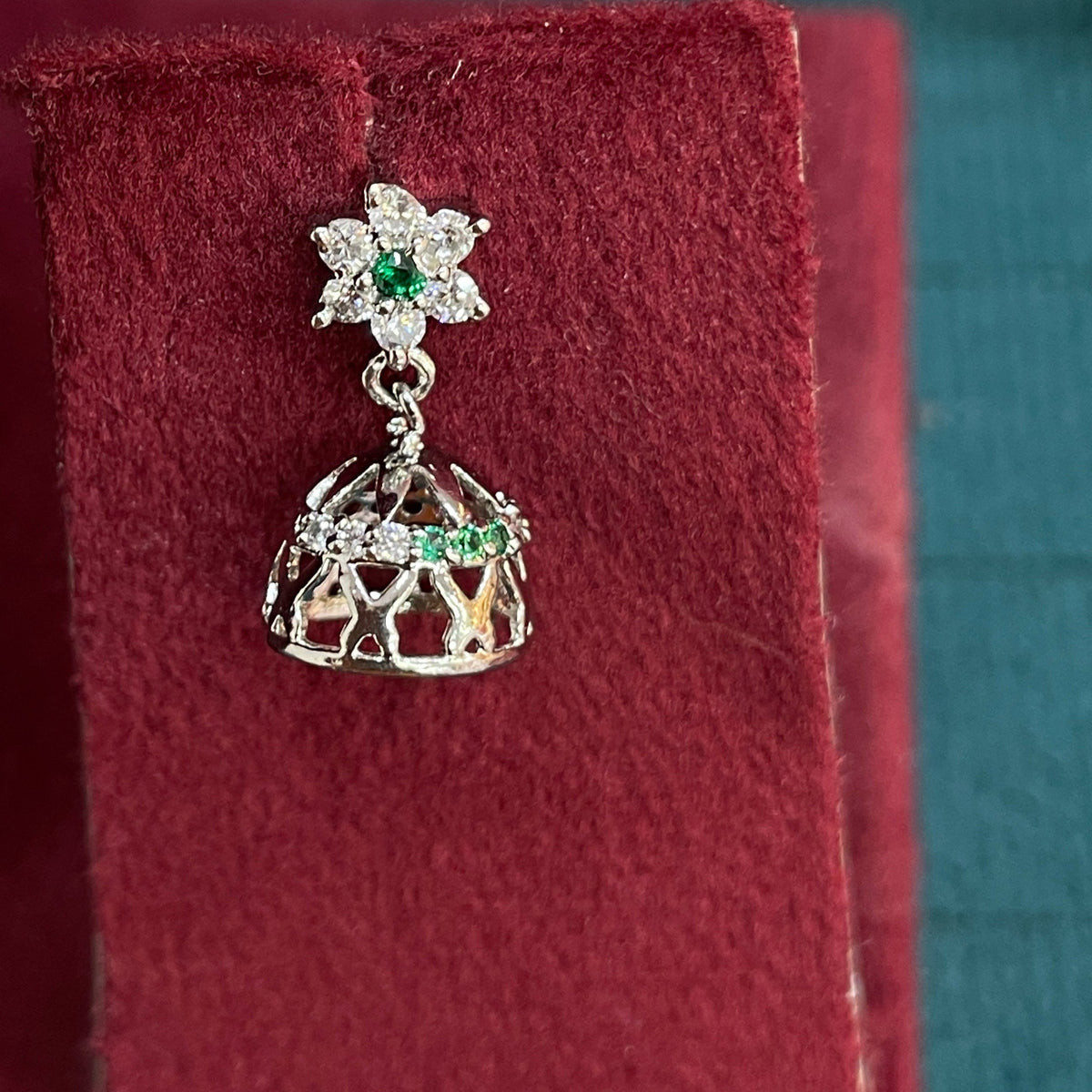 92.5 Sterling Silver CZ Flower Top Filigree Jhumka Earrings for Women | White & Green CZ Jhumki Pair