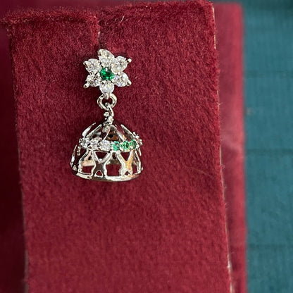 92.5 Sterling Silver CZ Flower Top Filigree Jhumka Earrings for Women | White & Green CZ Jhumki Pair