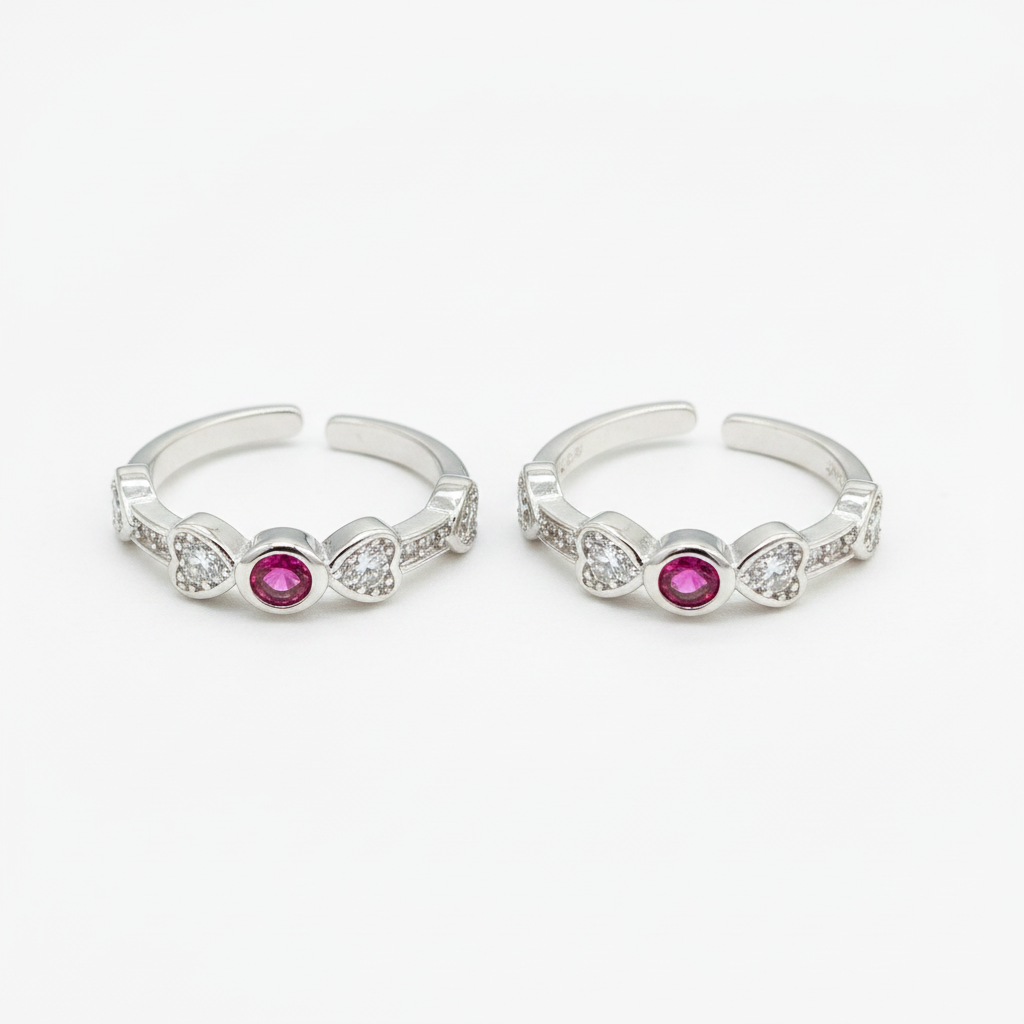 92.5 Silver Pink CZ Heart Cluster Toe Rings for Women