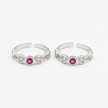92.5 Silver Pink CZ Heart Cluster Toe Rings for Women