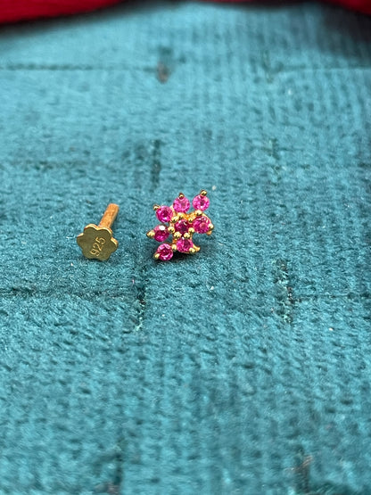 925 Silver Gold Plated Ruby Nose pin