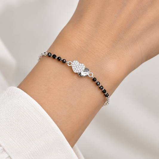 92.5 Silver Black Bead Bracelet with CZ Double Heart Charm for Women