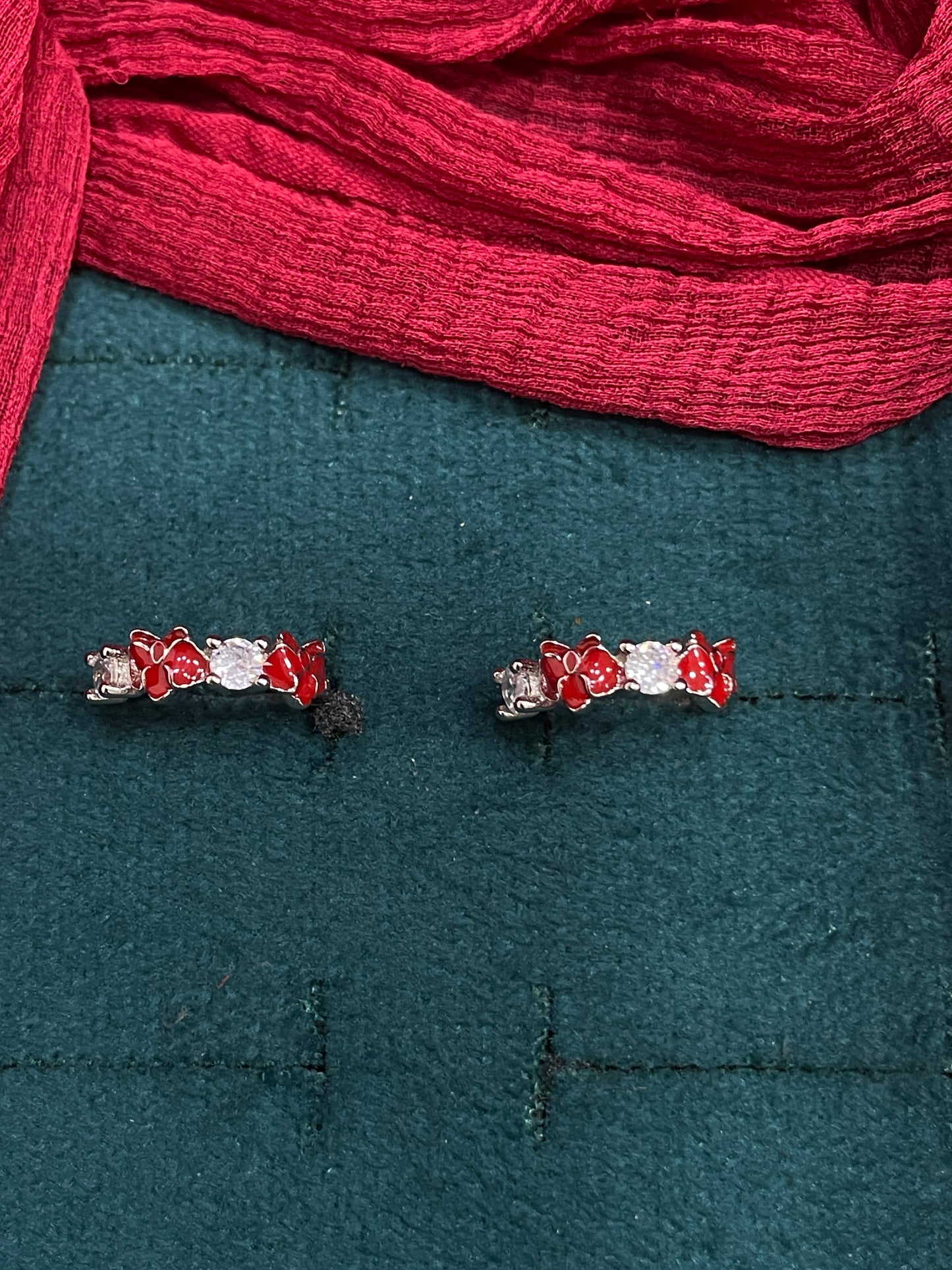 92.5 silver classy red flower bali earrings
