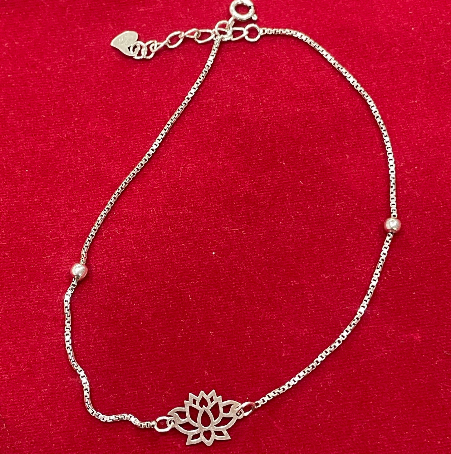 92.5 Sterling Silver Anklet for Women | Lotus Charm Box Chain with Ball Accents
