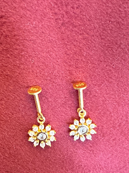 92.5 Silver Gold Plated Flower Drop Bugadi Pair | Stylish Hanging Floral Design | Jewellery
