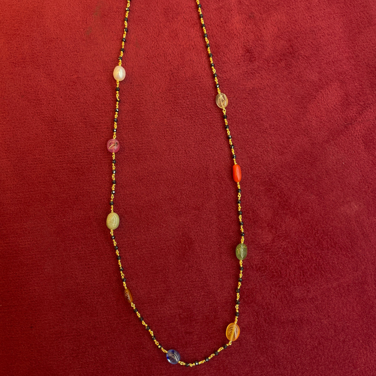 92.5 Silver Navarathna Black Bead Chain for Women