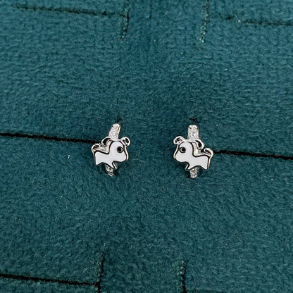 92.5 Silver Enamel Puppy Huggie Hoop Earrings for Girls
