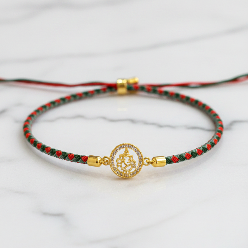 Silver Ganesha Rakhi for Brother | Gold Plated Ganesh Coin Charm on Red & Green Braided Thread