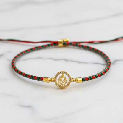 Silver Ganesha Rakhi for Brother | Gold Plated Ganesh Coin Charm on Red & Green Braided Thread