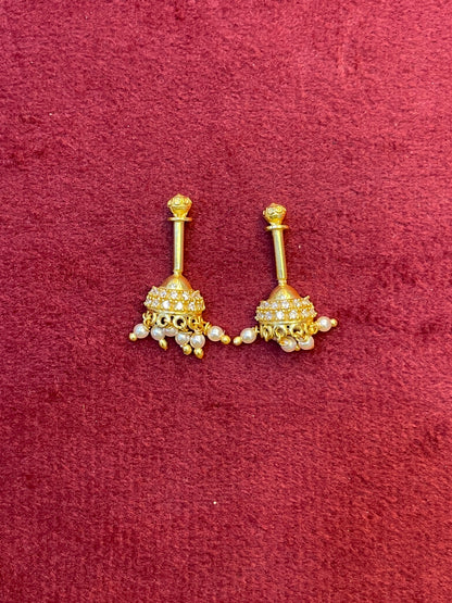 92.5 Silver Gold Plated CZ Jhumki Bugadi Pair for Women | Stone Studded Helix Earrings | Elegant