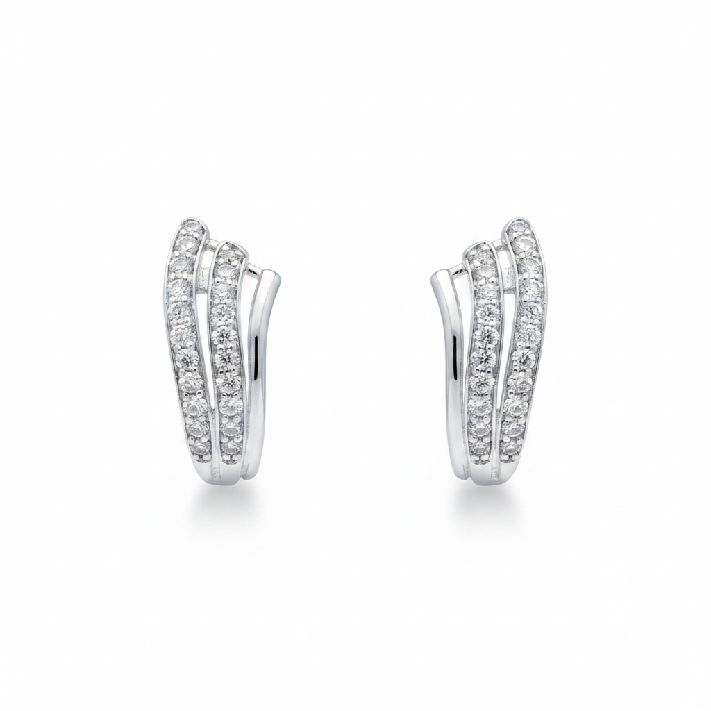92.5 Sterling Silver Triple CZ Wave J Studs pair