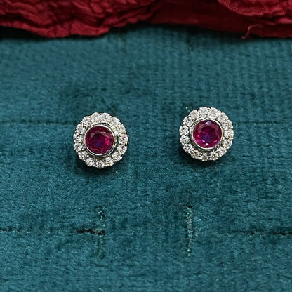 92.5 Sterling Silver Earrings for Women | Round Pink Stone with White Stone Halo pair