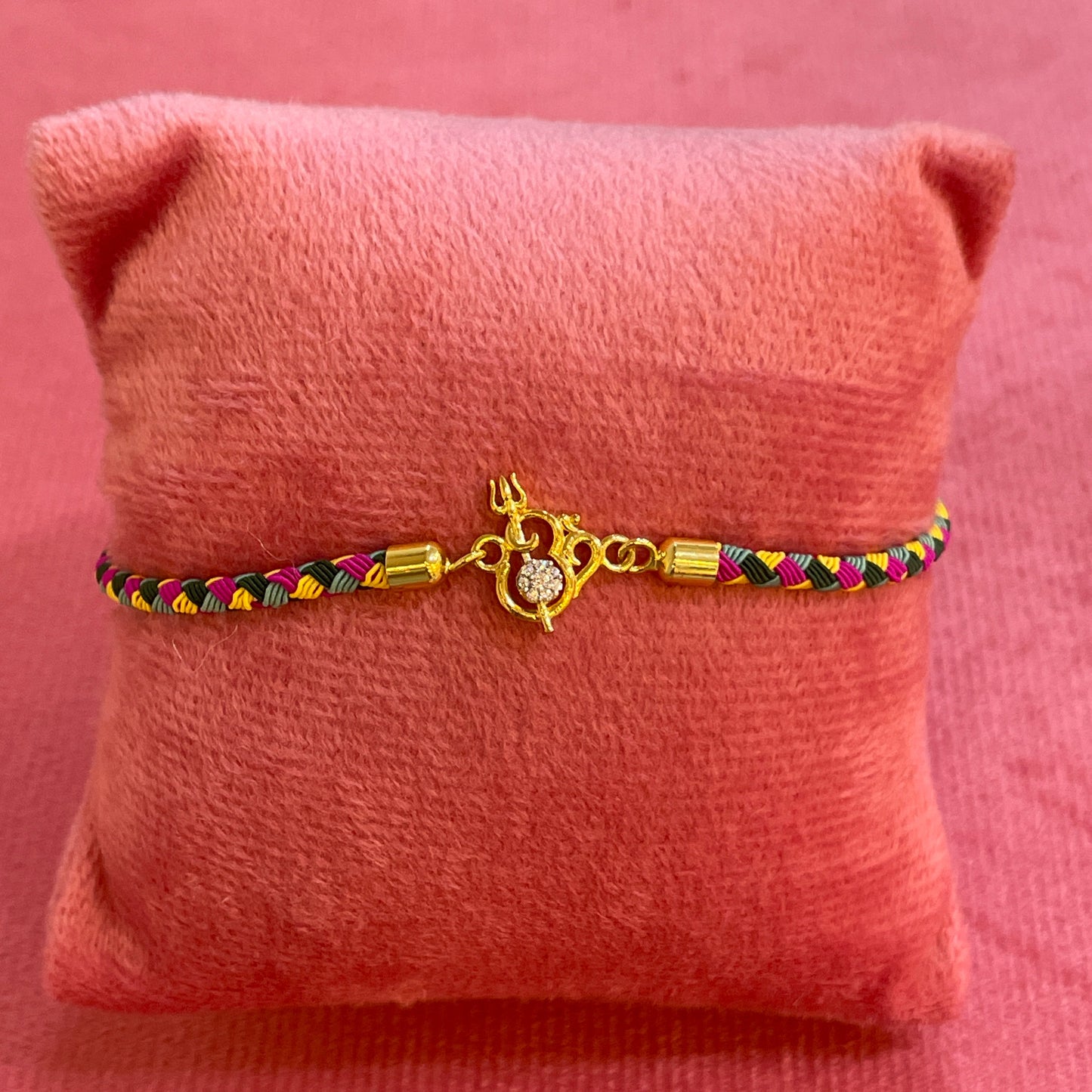 Silver Shivling Rakhi for Brother | Gold Plated Shivling Trishul Charm on Multicolour Braided Thread