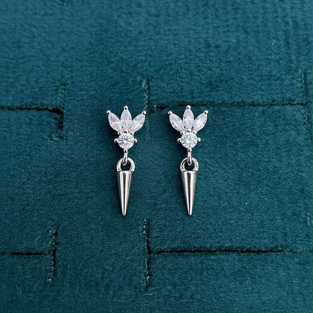 92.5 Sterling Silver Triple Marquise & Round White CZ Fan Stud with Cone Spike Drop Earrings for Women