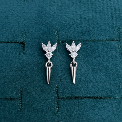 92.5 Sterling Silver Triple Marquise & Round White CZ Fan Stud with Cone Spike Drop Earrings for Women