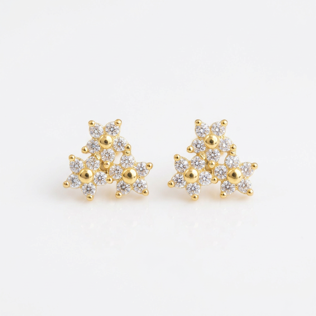 92.5 Silver Gold-Toned Triple Flower Studs Pair