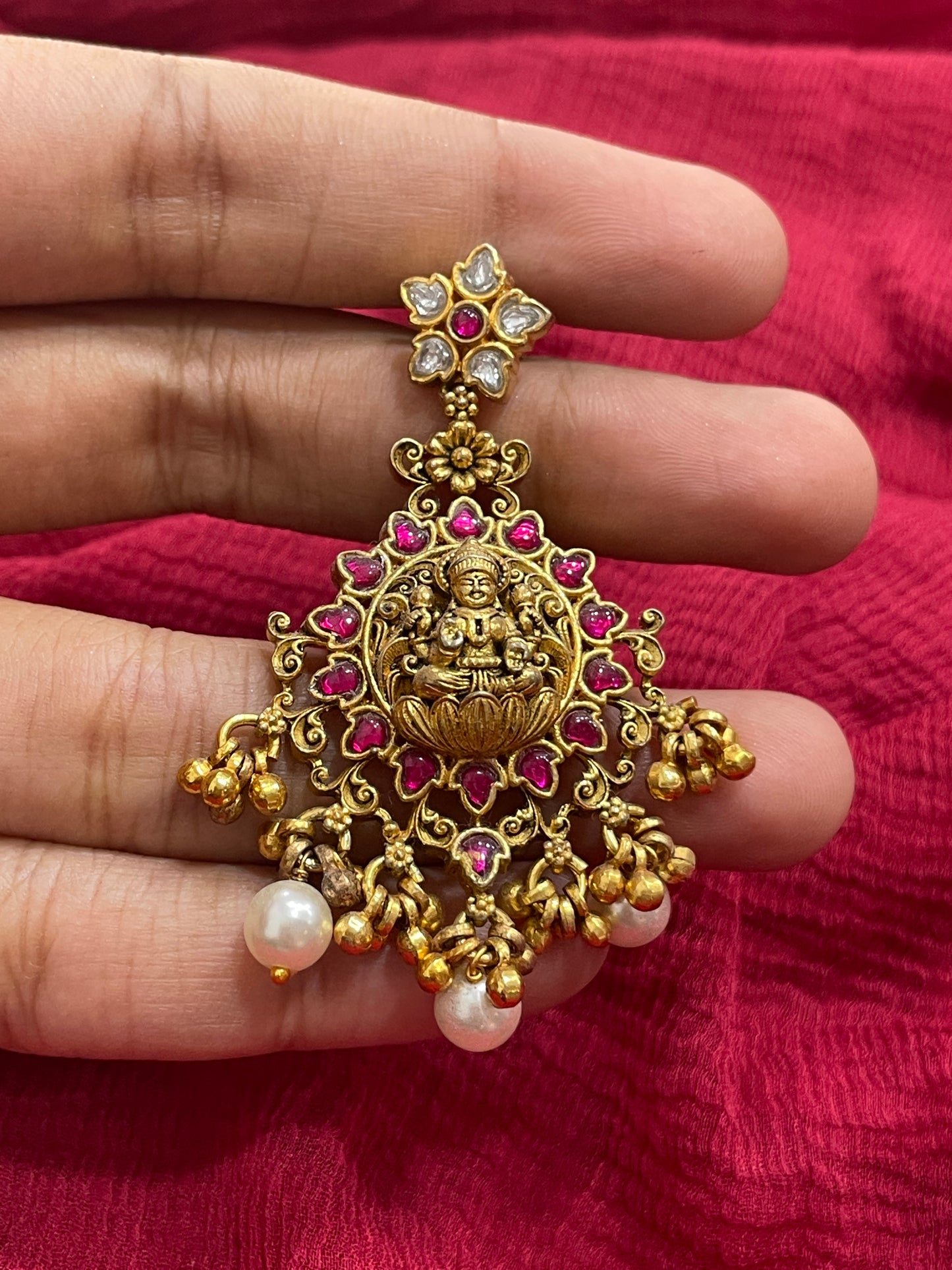 92.5 Silver Gold Plated Pink Stone Lakshmi Devi Earrings for Women | Temple Design | Traditional Jewellery