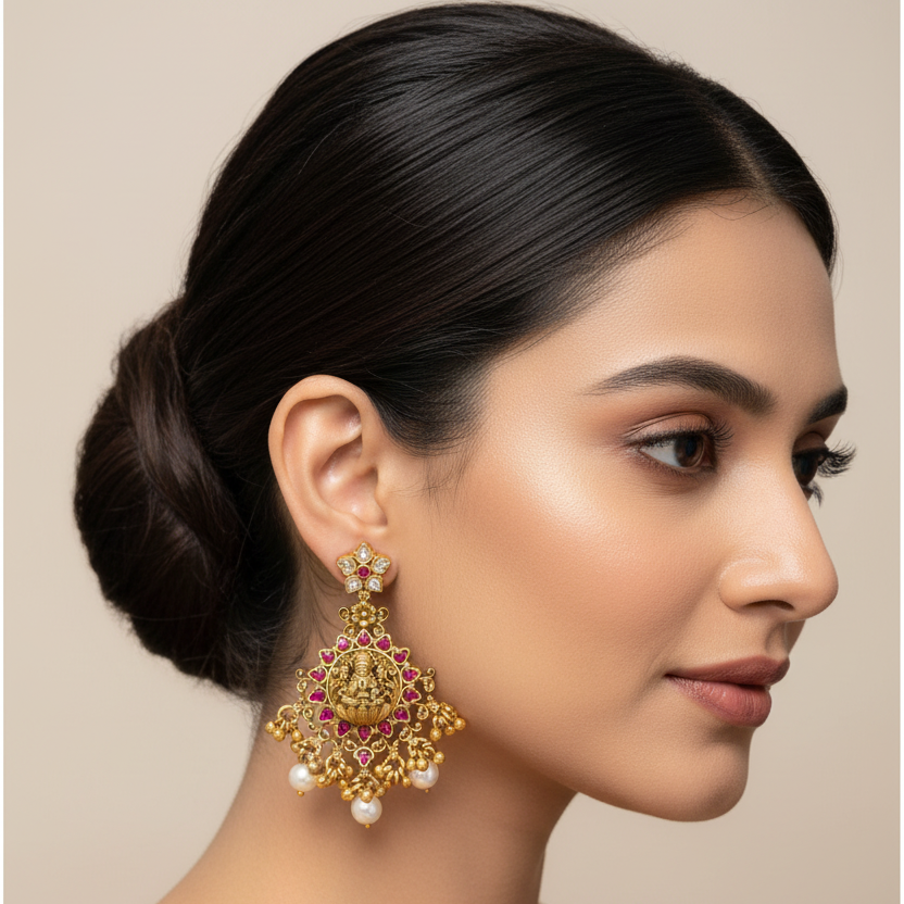 92.5 Silver Gold Plated Pink Stone Lakshmi Devi Earrings for Women | Temple Design | Traditional Jewellery