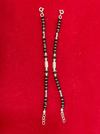 Silver Nazariya Black Bead Anklet for Kids | Set of 2 with CZ Studded Charm