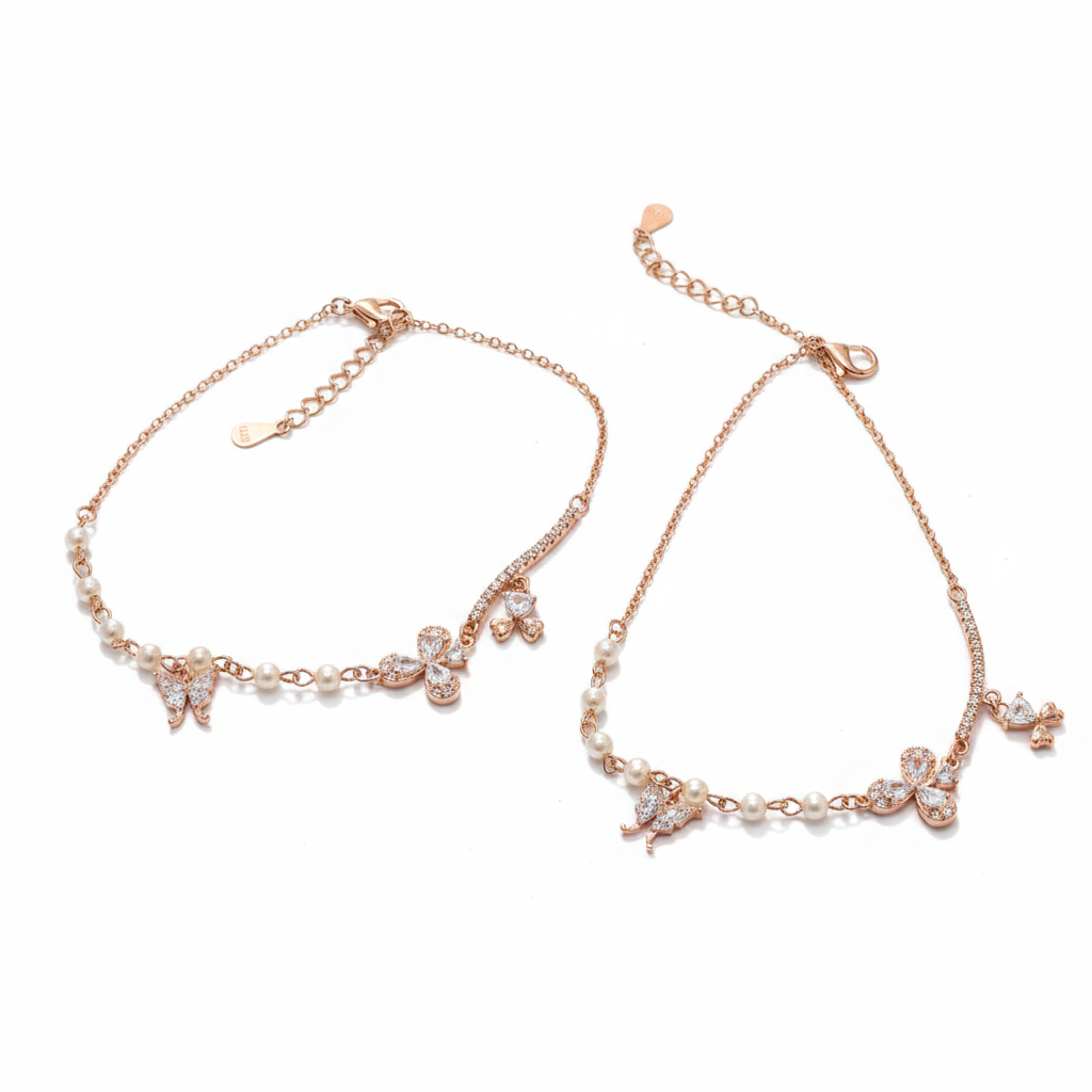 925 Silver Rose Gold Plated Butterfly & Pearl Anklet Pair