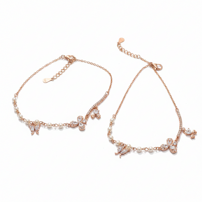 925 Silver Rose Gold Plated Butterfly & Pearl Anklet Pair