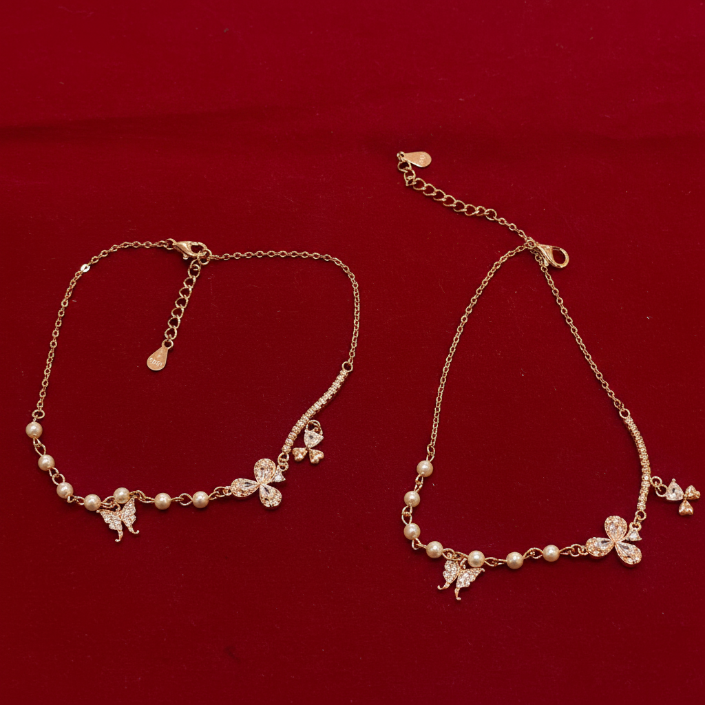 925 Silver Rose Gold Plated Butterfly & Pearl Anklet Pair