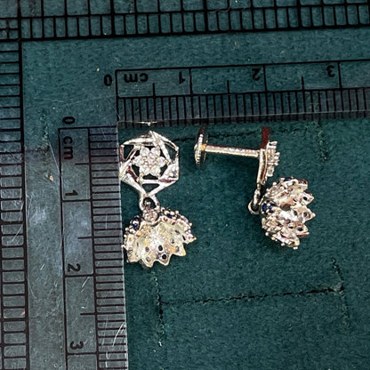 92.5 Sterling Silver CZ Hexagon Frame & Blue CZ Jhumka Drop Earrings for Women pair